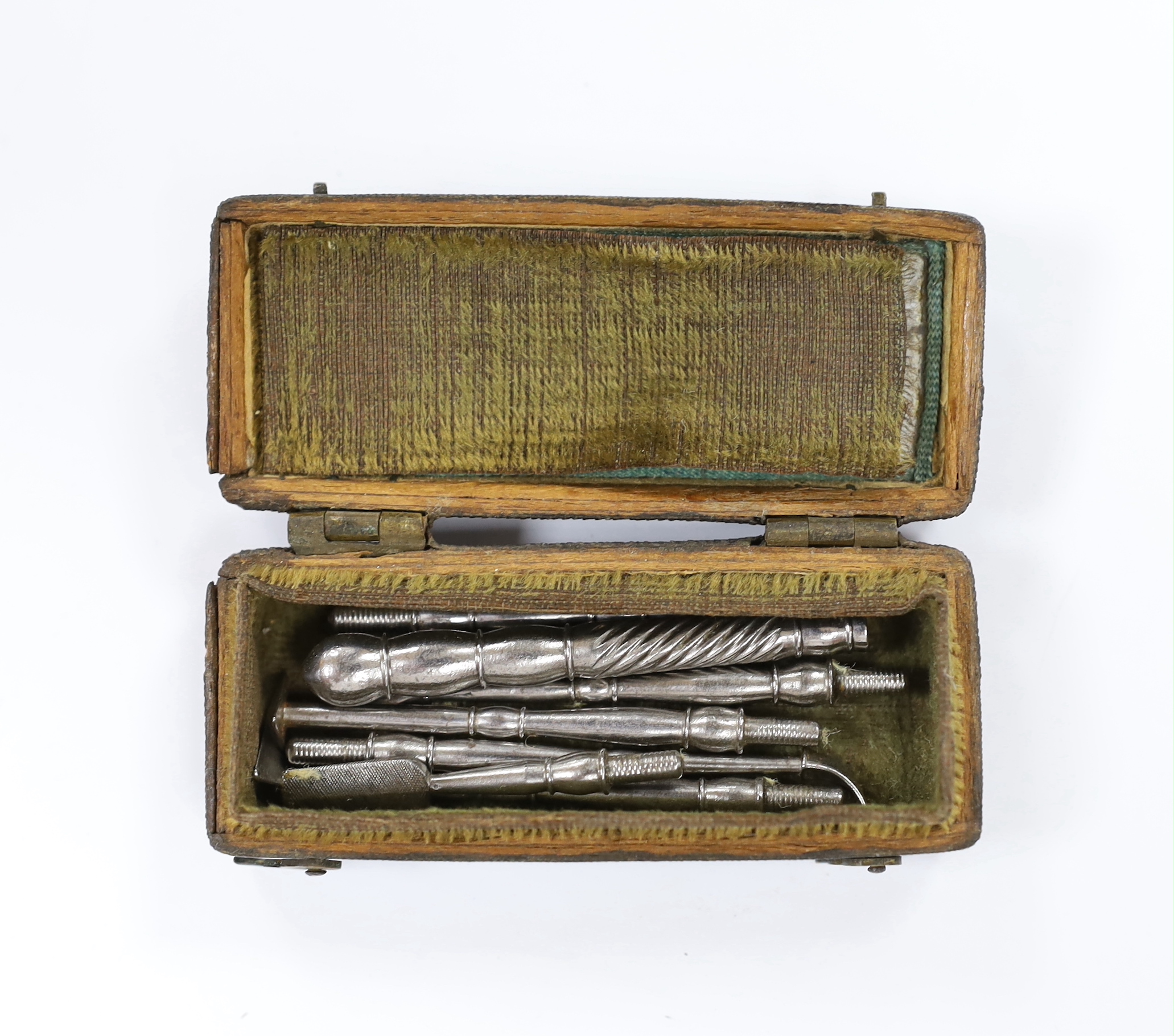A late 18th century shagreen cased set of toothpicks, etc. case 7.5cm